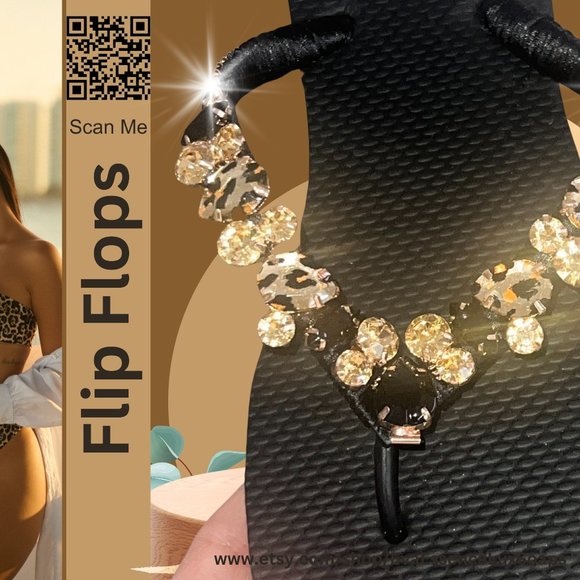 Flip Flops, Leopard, Cheetah Print, Beach Flip Flops, Rhinestones, Shoes, Sandal - Picture 2 of 15